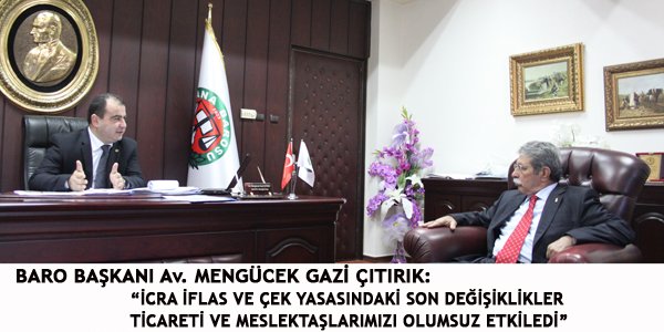 Adana Esnaf ve Sanatkârlar Odaları Birliği Başkanı Kâzım BARIŞIK, Adana Baro Başkanı Av. Mengücek Gazi ÇITIRIK’a hayırlı olsun ziyaretinde bulundu.