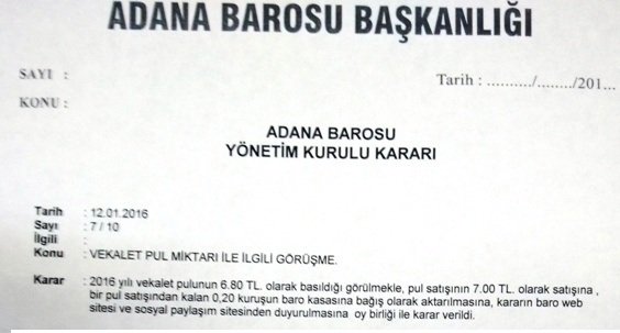 2016 YILI VEKALET PULU BEDELİ 7.00 TL OLARAK BELİRLENMİŞTİR