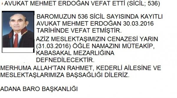 Avukat Mehmet Erdoğan vefat etti