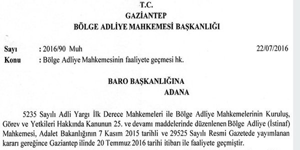 BÖLGE ADLİYE MAH. FAALİYETE GEÇMESİ HK.